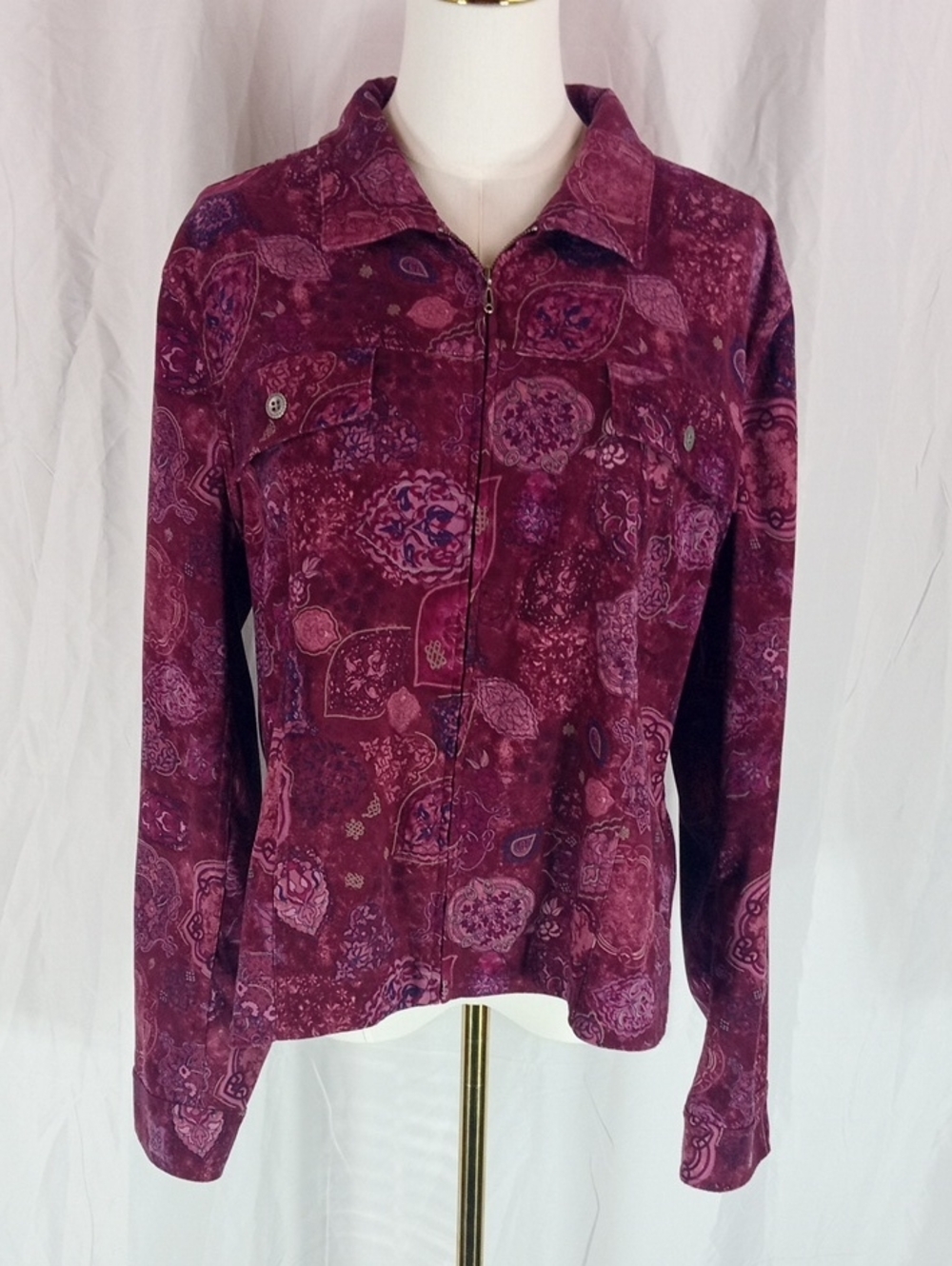 Christopher & Banks Plum Patterned Zipper Light Jacket Stretch Size XL
